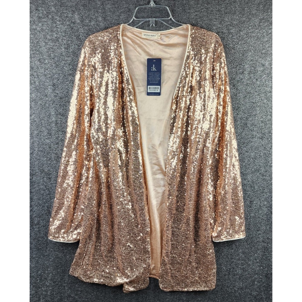 Anna-Kaci Cardigan Womens M YBA0185 Rose Gold Sequin Open Front NEW